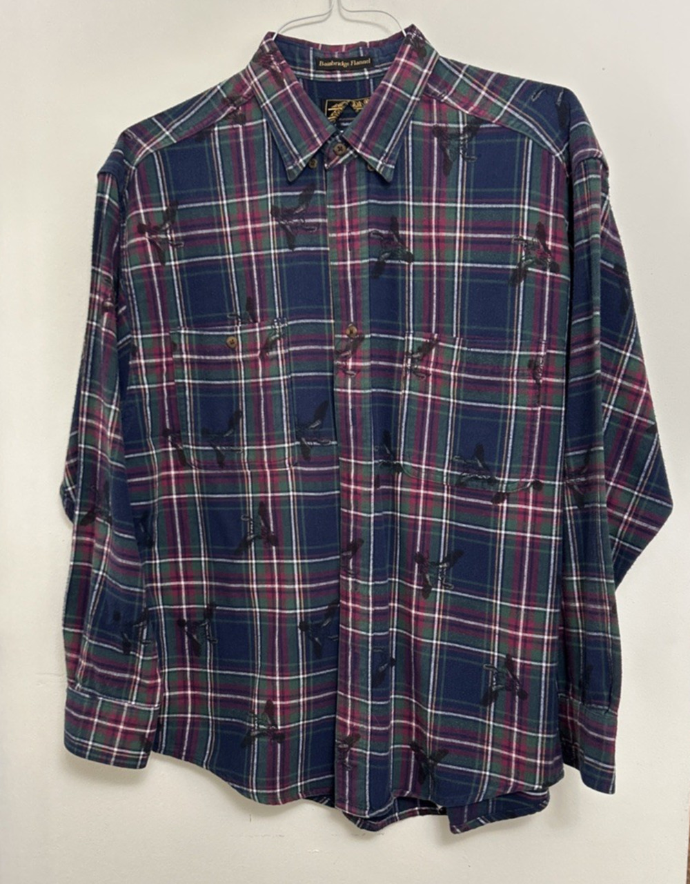Vintage Eddie Bauer Bainbridge Flannel Button Down Shirt Sz L Plaid Duck Print